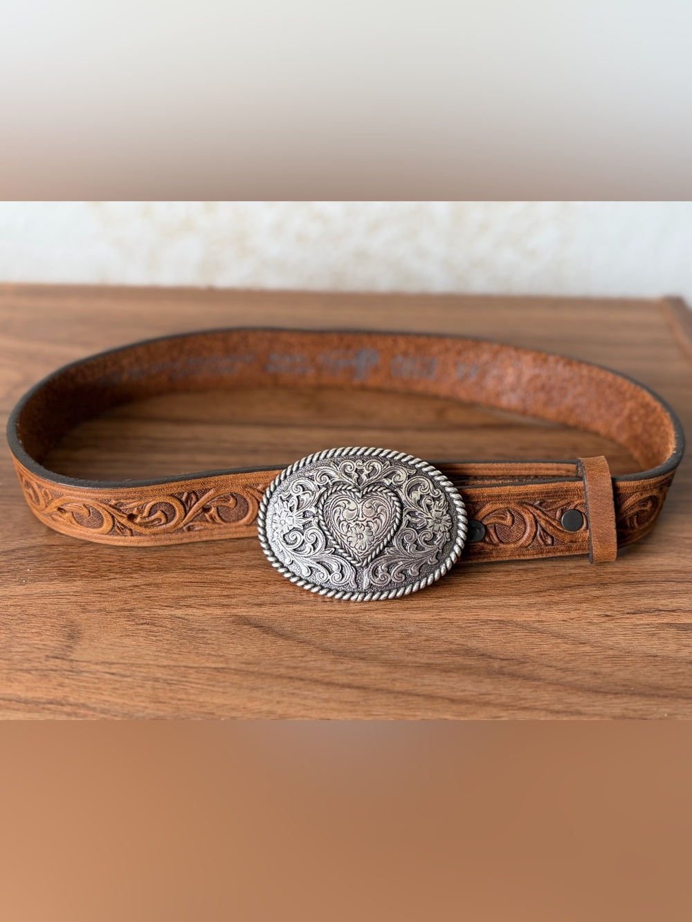 •Justin• Brown Leather Kids Belt with Silver Heart Buckle